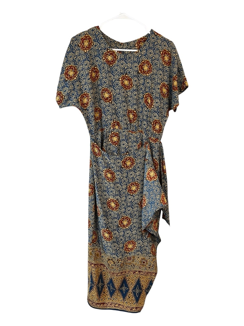 Maggy London Vintage Silk Blue Printed Wrap Midi Dress with Rust Floral Motifs